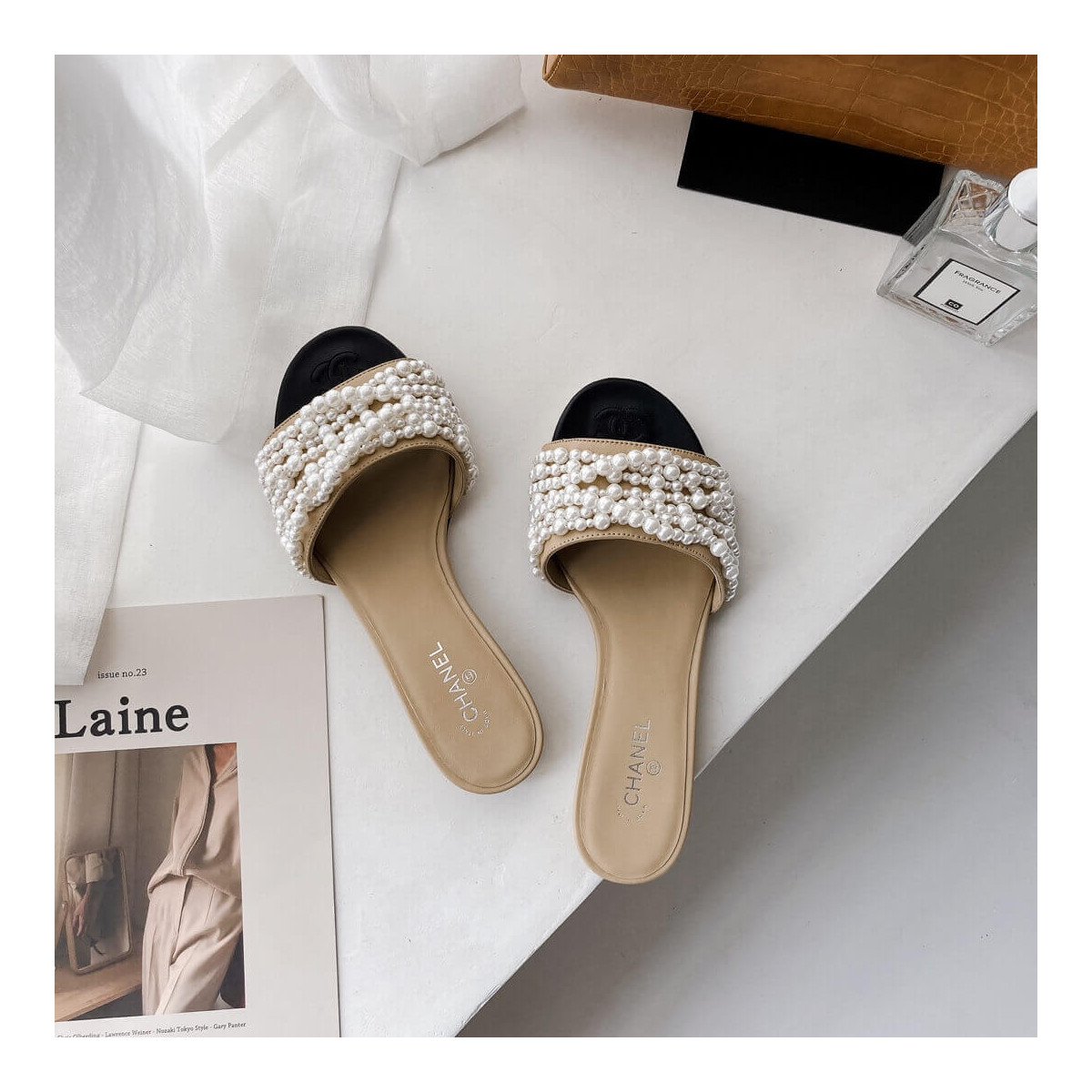 Chanel Satin CC Pearl Sandal Flats 36123