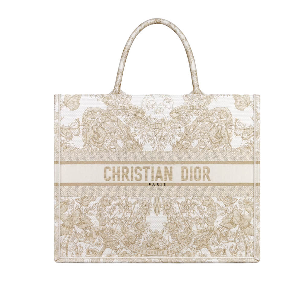 Dior Book Tote Gold-Tone and White Butterfly Around The World Embroidery