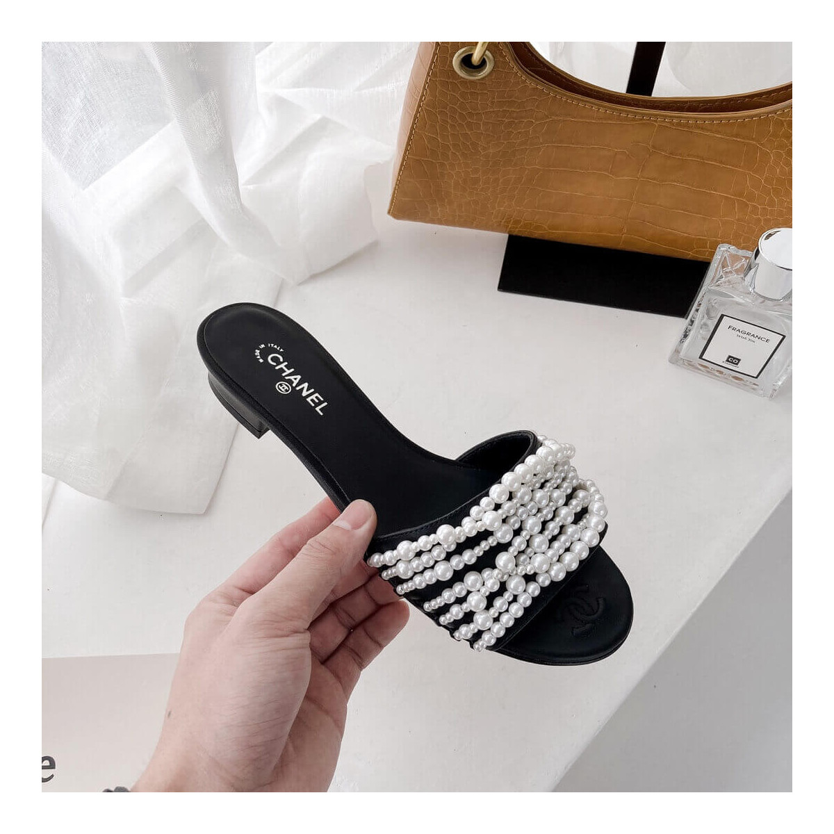 Chanel Satin CC Pearl Sandal Flats 36123