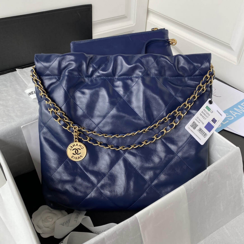 Chanel 22 Small Handbag Shiny Calfskin AS3260 Blue Gold