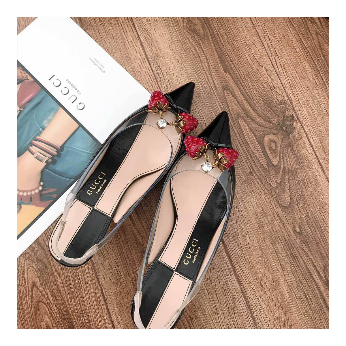 Gucci Eleonor Strawberry Patent Slingback Pumps 286148 Black