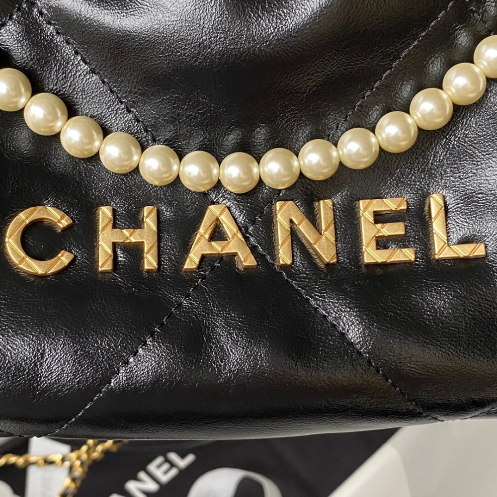 Chanel Mini 22 Handbag in Shiny Crumpled Calfskin Black with Pearl Chain AS4416