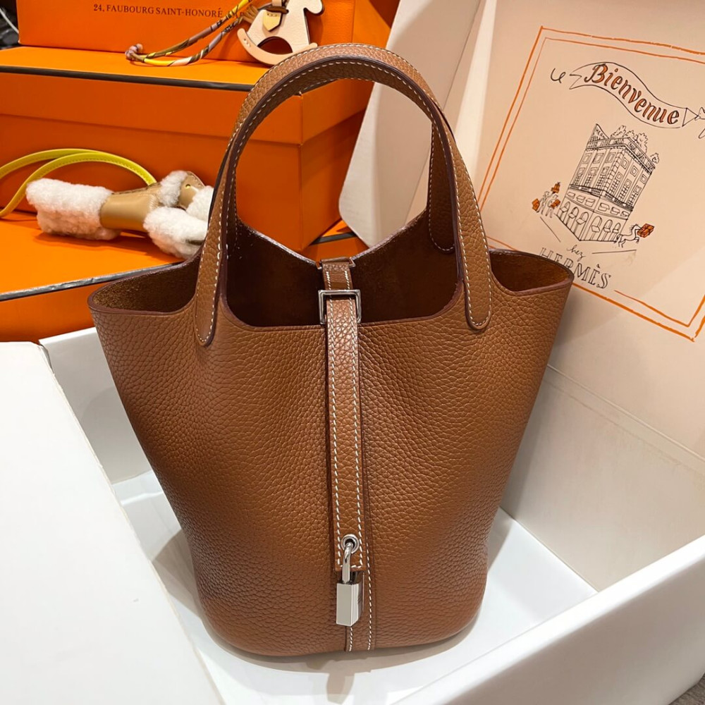 Hermes Picotin Lock Bag in Taurillon Clemence Gold Brown