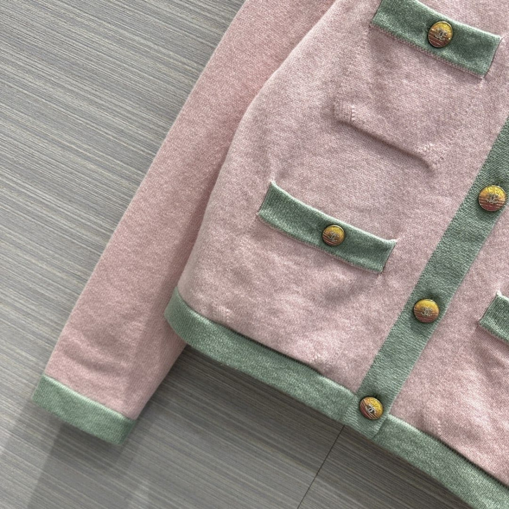 Chanel Light Pink &amp; Light Green Cashmere Two-Tone Cardigan A92648