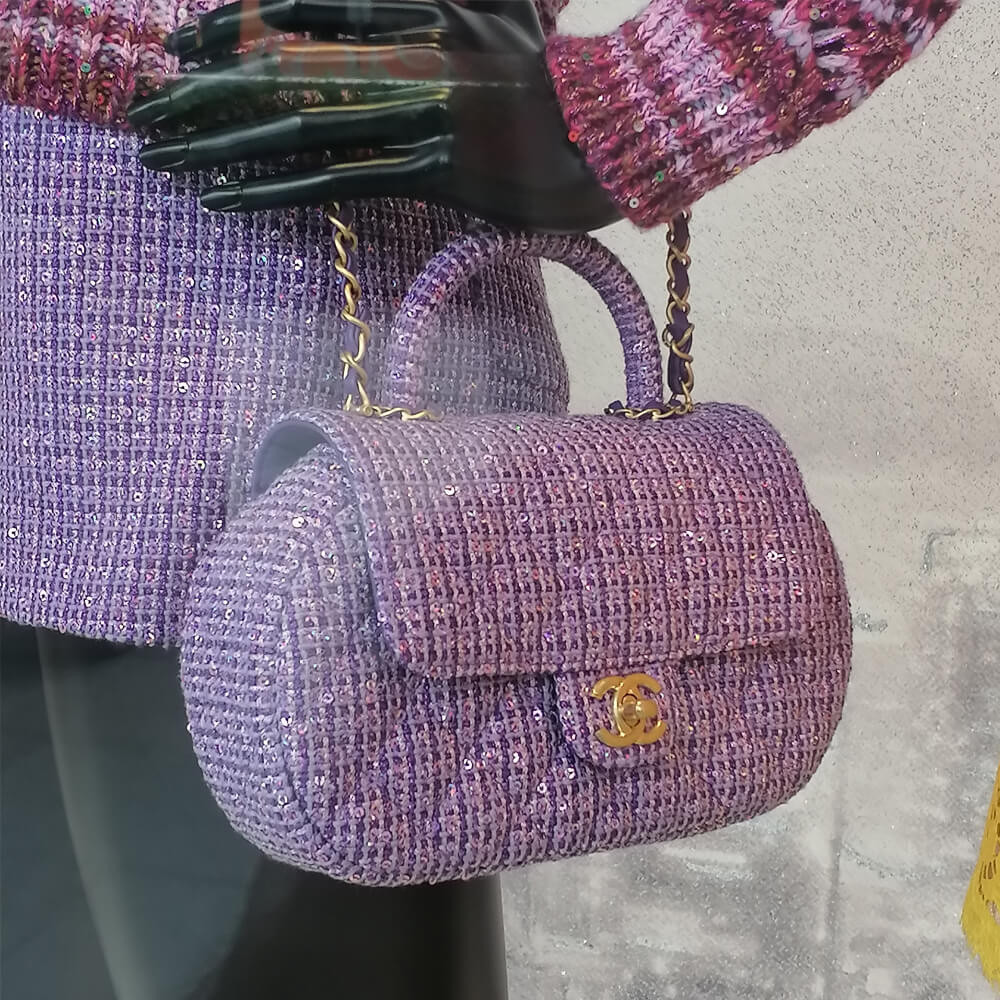 Chanel Mini Sequin Flap Bag with Top Handle Purple Tweed AS4573