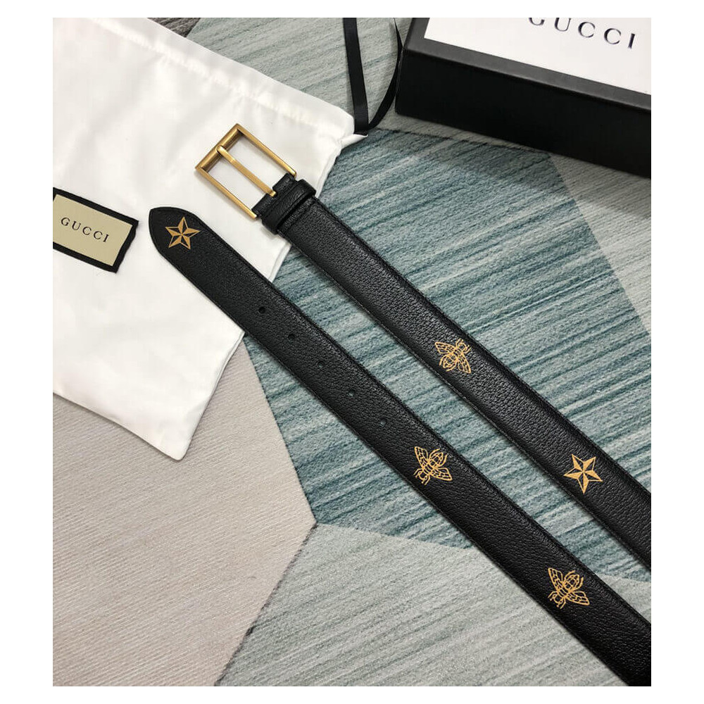 Gucci Calfskin Bees And Stars Print Belt 35mm 495125 Black