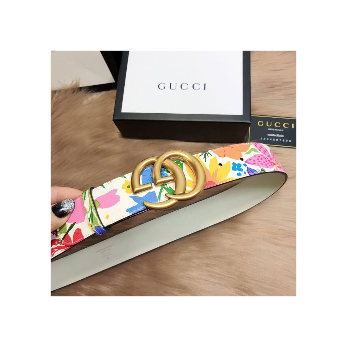 Gucci Ken Scott Print GG Marmont Belt Double G Buckle 4 Cm Width