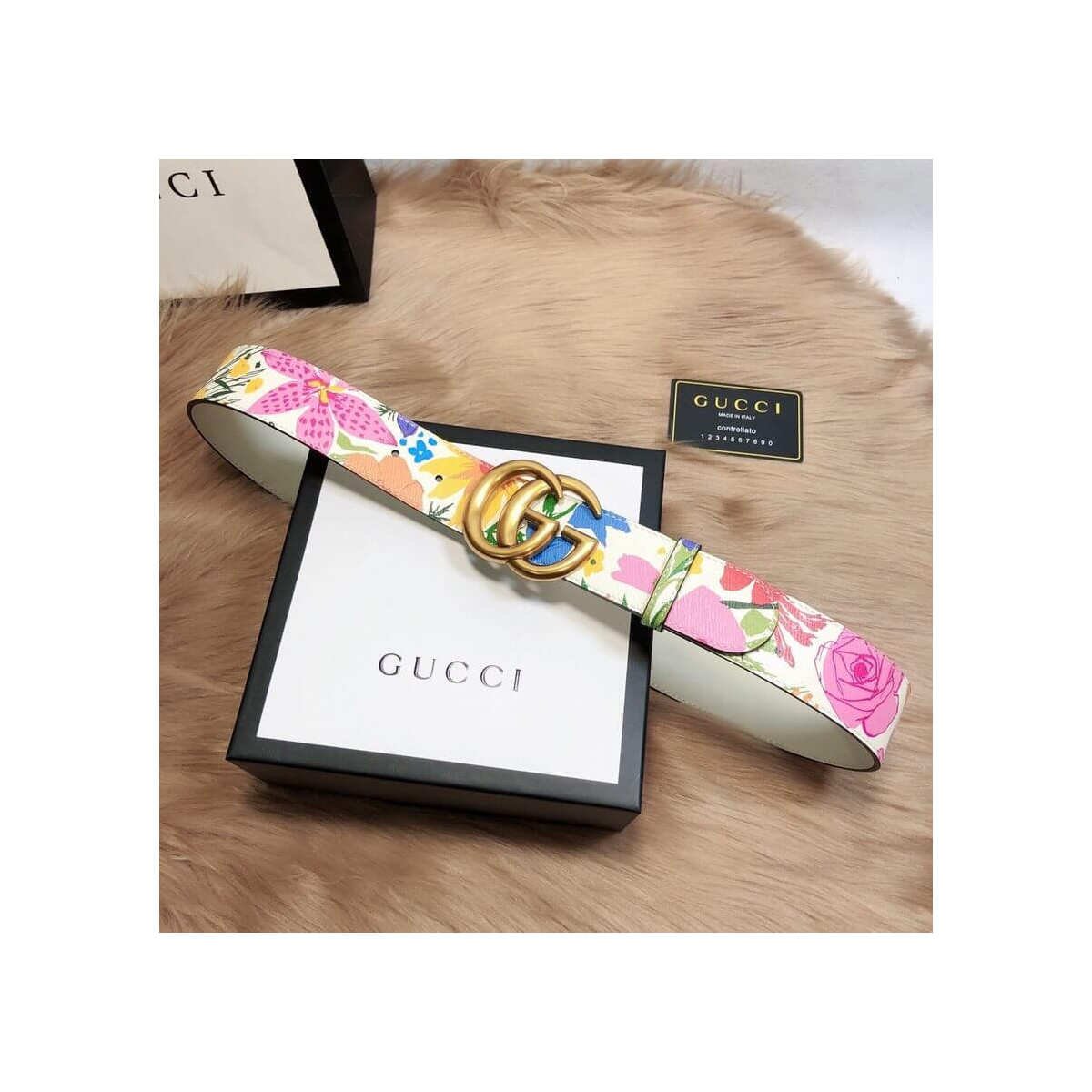 Gucci Ken Scott Print GG Marmont Belt Double G Buckle 4 Cm Width