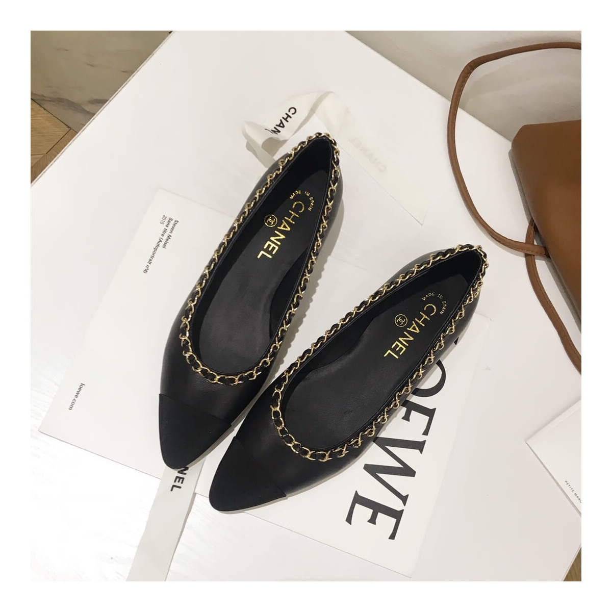 Chanel Grosgrain and Lambskin Chain Flats Ballerinas G35389