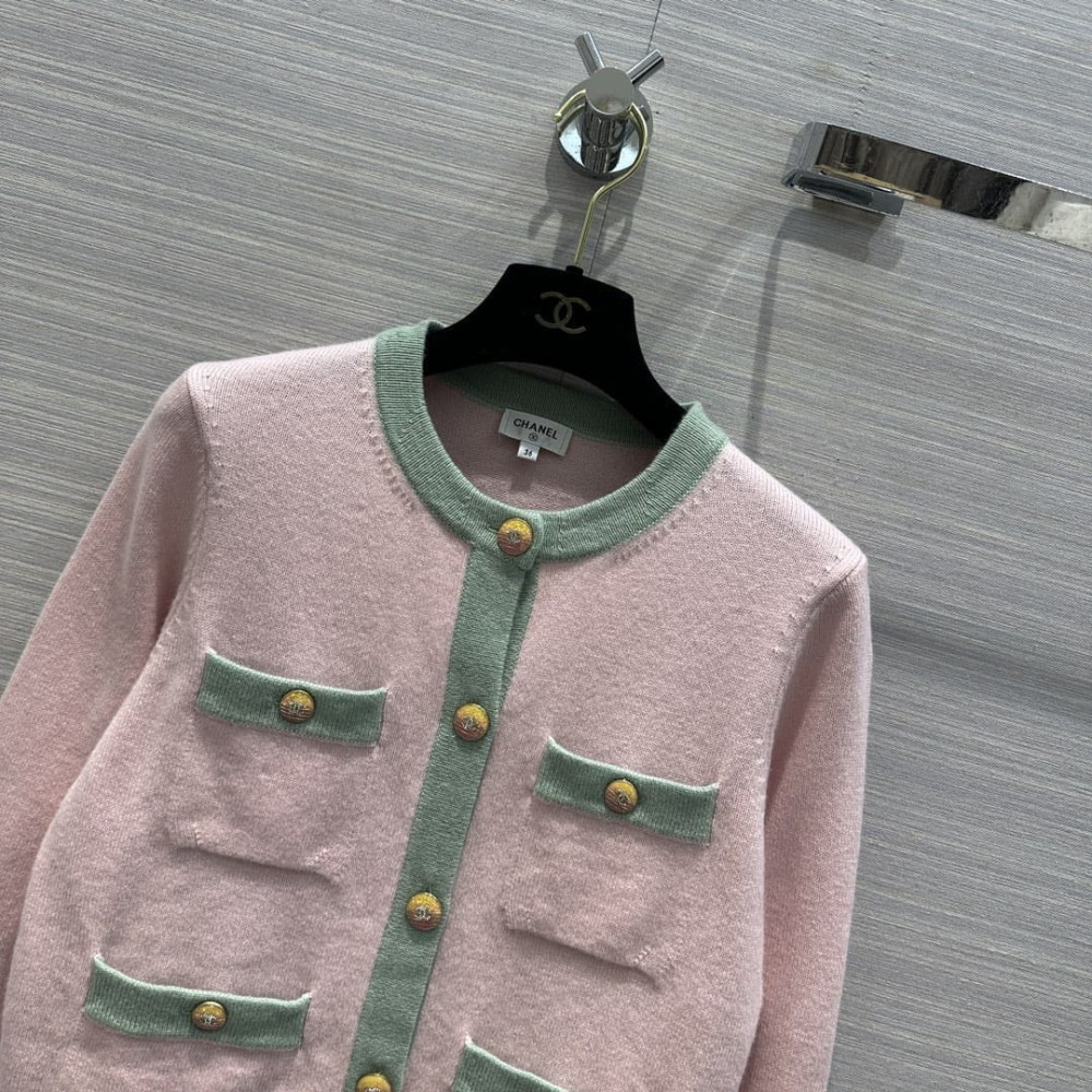 Chanel Light Pink &amp; Light Green Cashmere Two-Tone Cardigan A92648