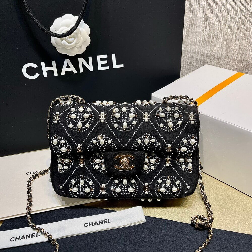 Chanel Pearl Strass CC Velvet Mini Flap Bag