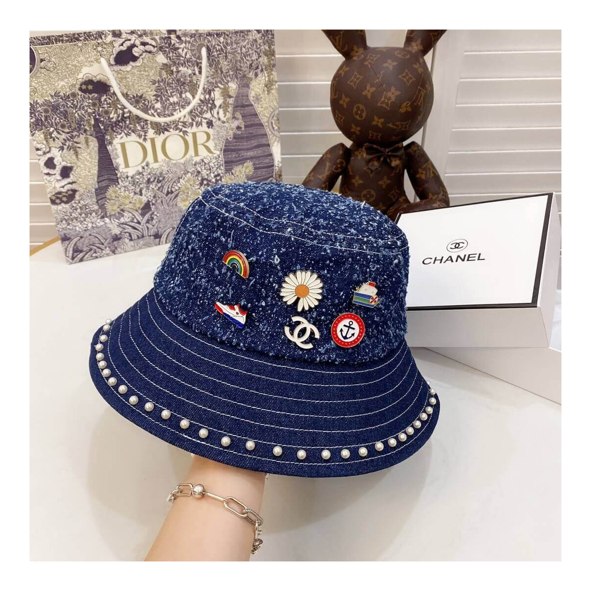 Chanel Badge Denim Bucket Hat D012