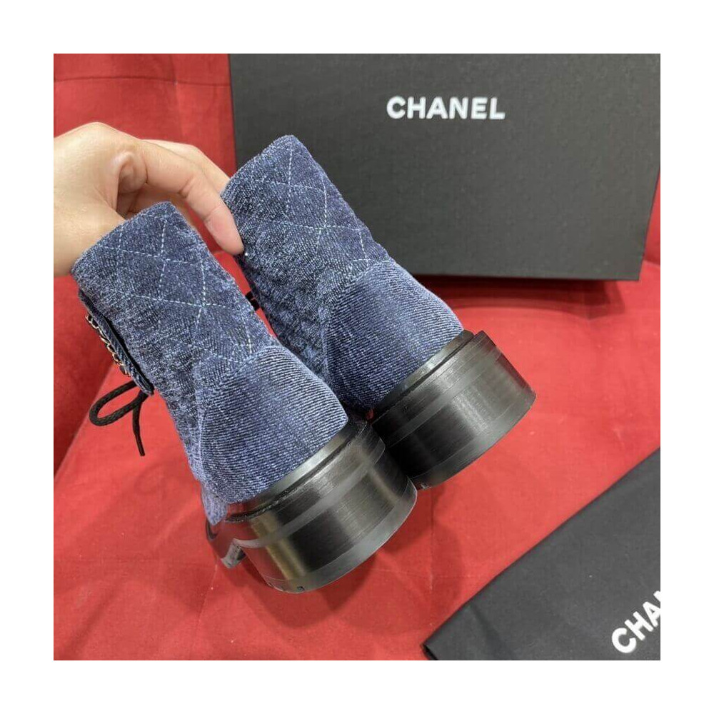 Chanel Blue Denim Quilted Lace Up Boots G36424