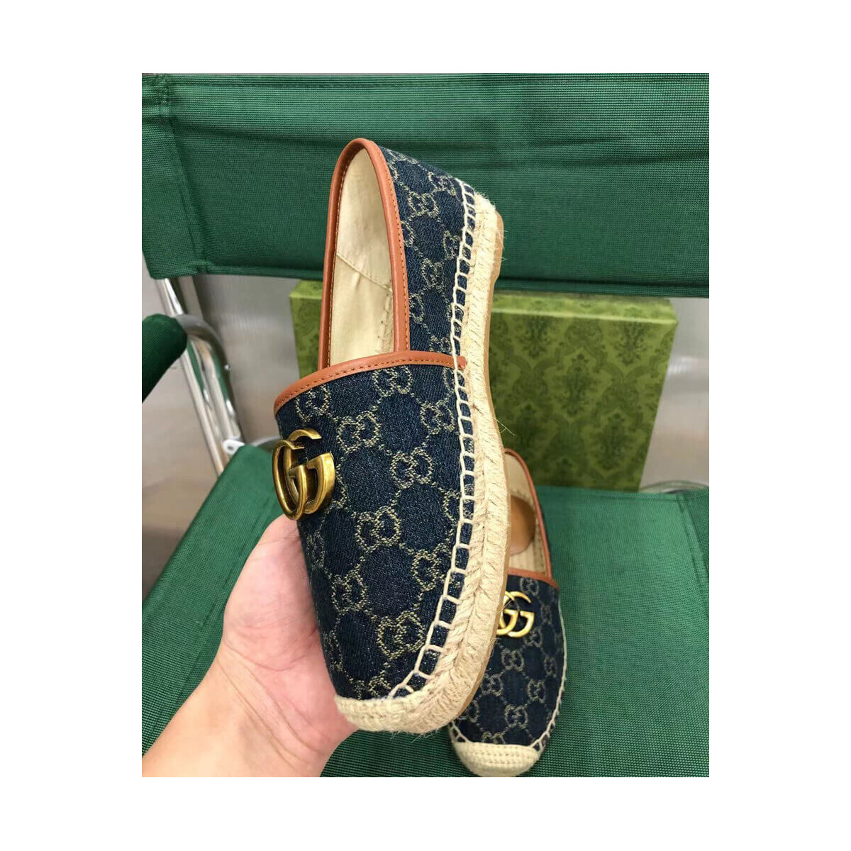 Gucci Pilar Double G Denim Espadrille Flat