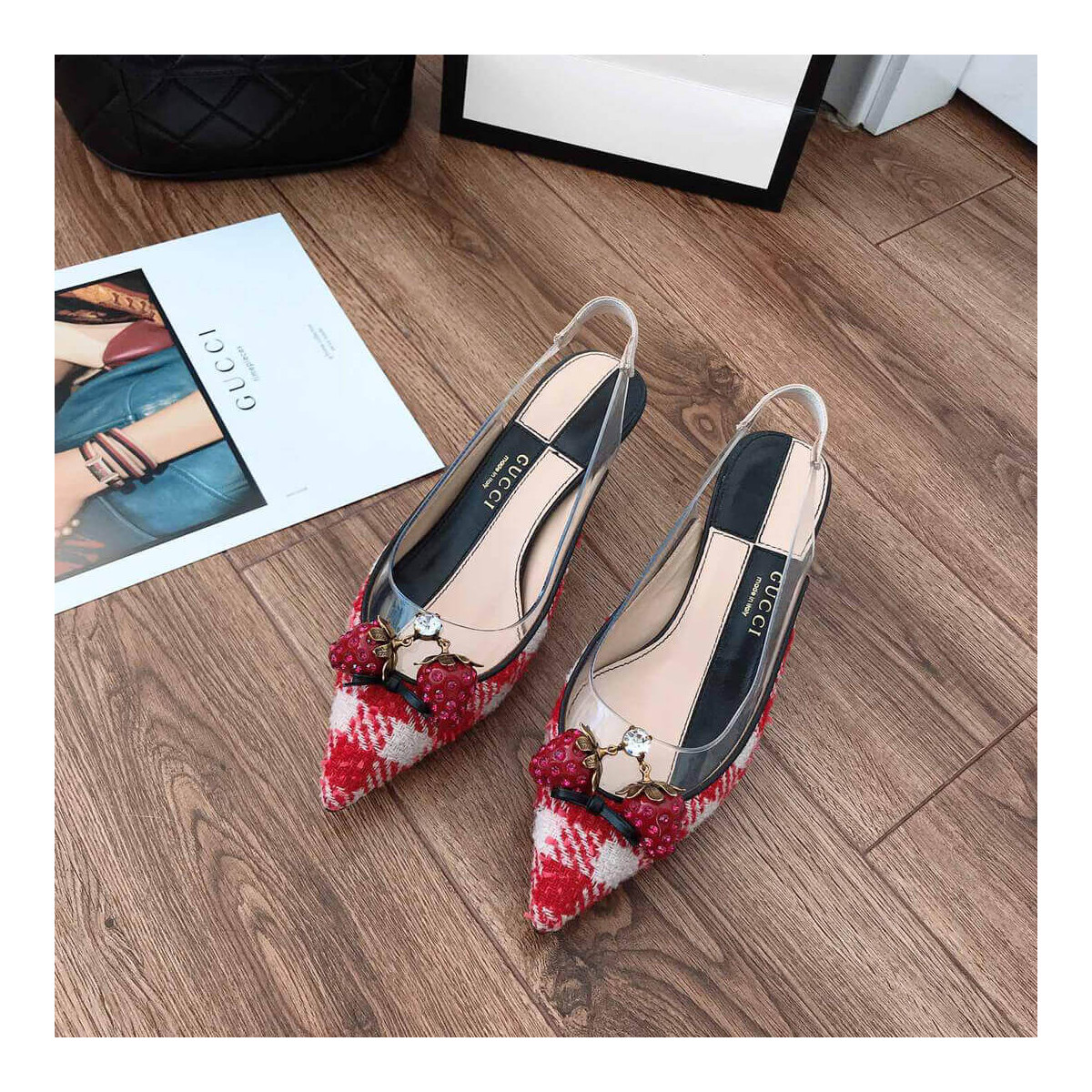 Gucci Eleonor Crystal-Strawberry Tweed Slingback Pumps 286148 Red