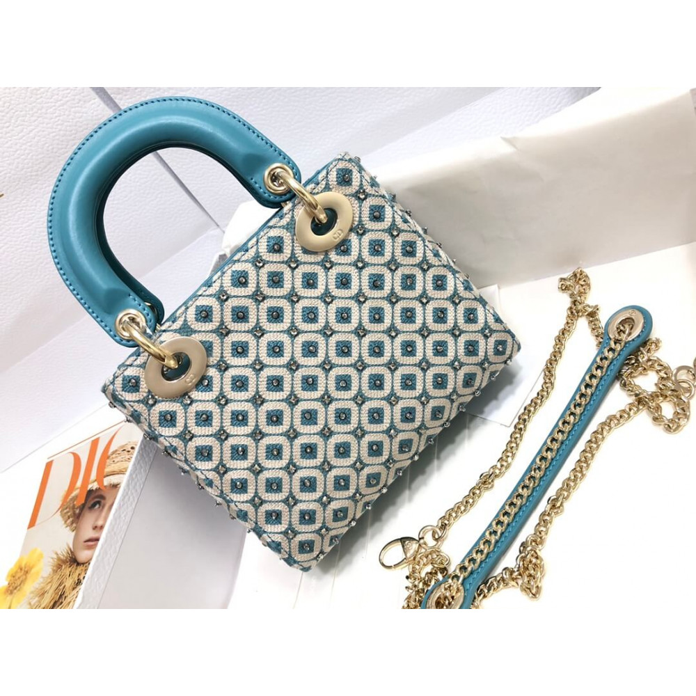 Lady Dior Mini Azure Blue Honeycomb Embroidery Bag M0505 With Two-Tone Thread And Rhinestones