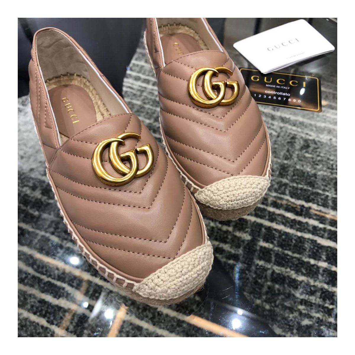 Gucci Chevron Leather Espadrille With Double G 551890 Dusty Pink