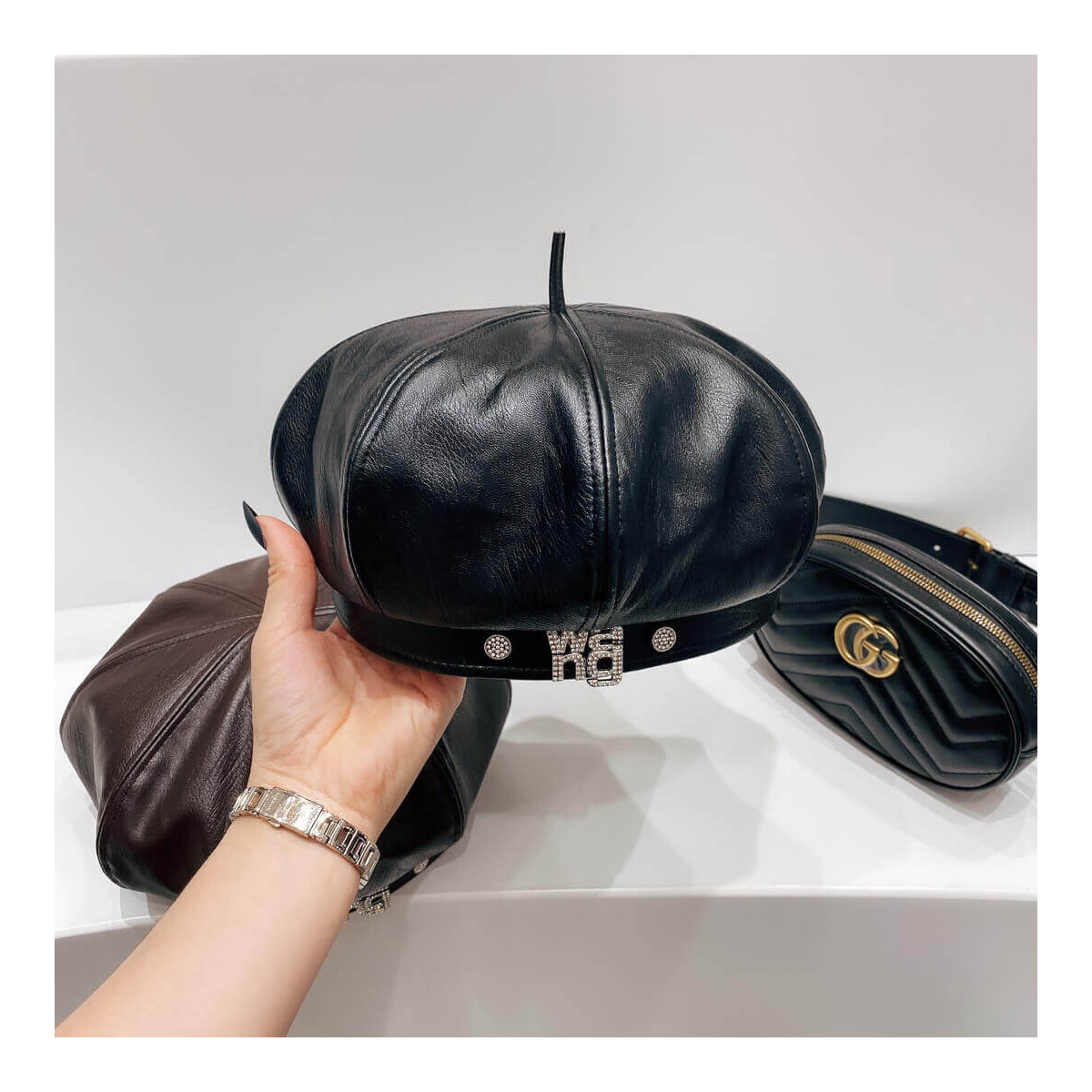 Alexander Wang Leather With Crystal Logo Beret Hat 1305