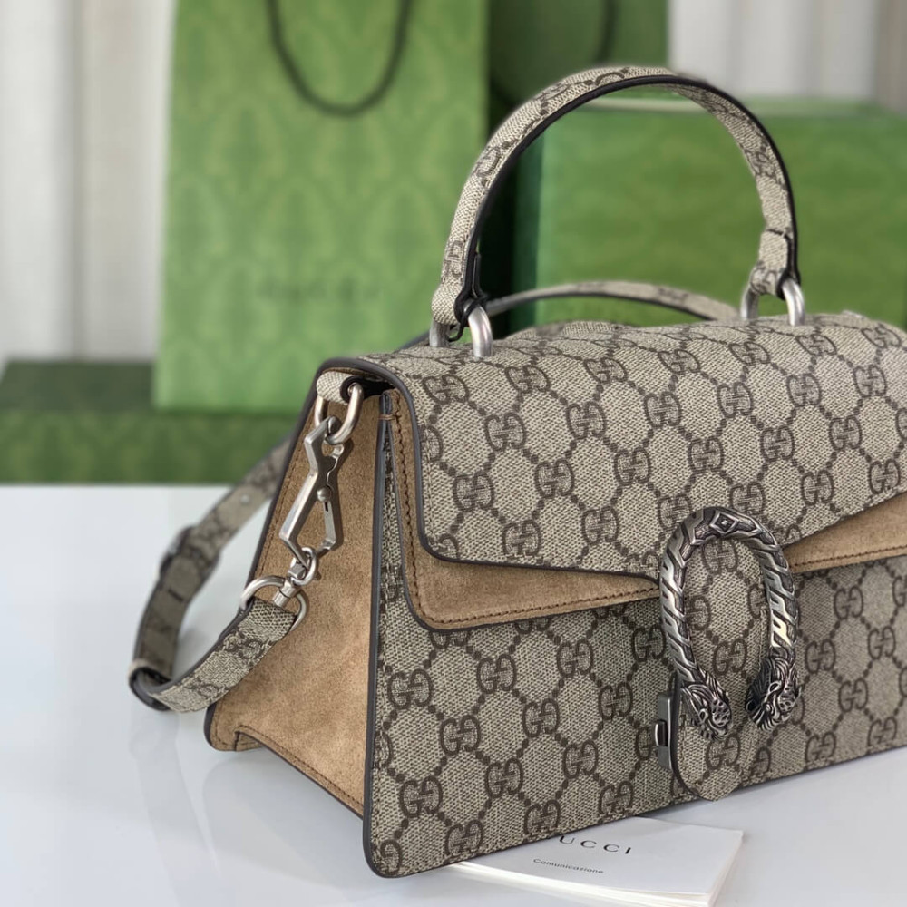 Gucci Small Dionysus Top Handle Bag 739496 Taupe Suede Trim