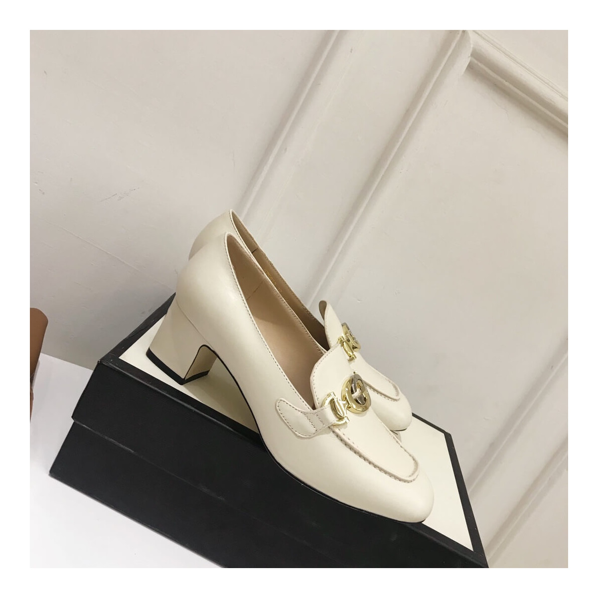 Gucci Zumi Leather Mid-Heel Loafer 575832 White