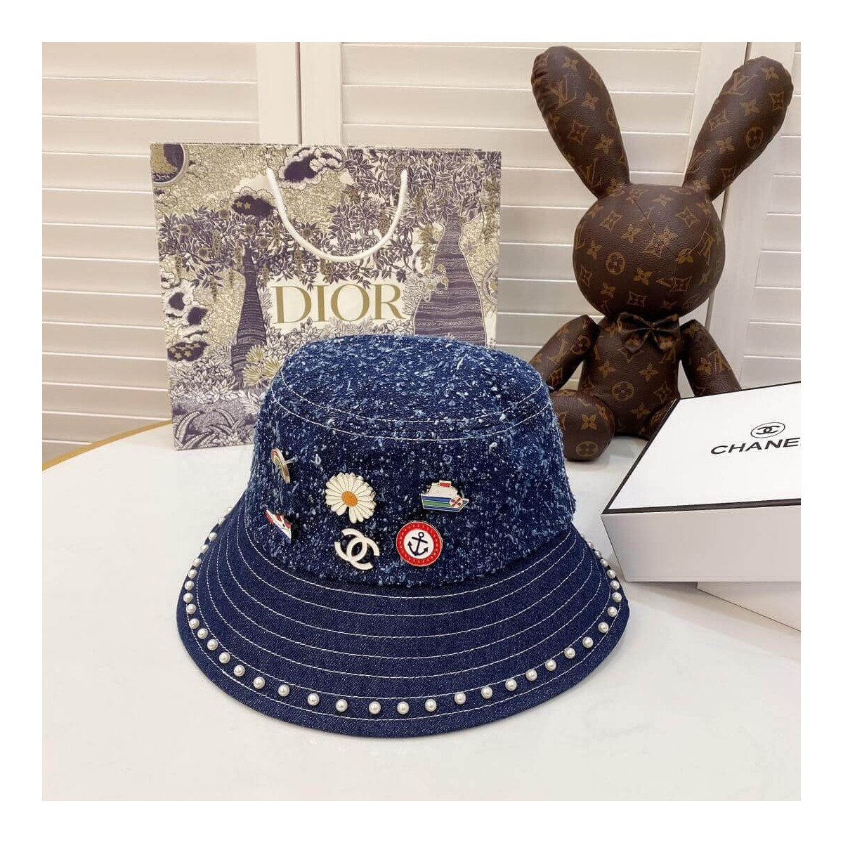 Chanel Badge Denim Bucket Hat D012