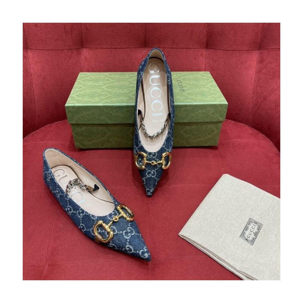 Gucci Ballet Flat With Horsebit In Blue Denim 621161