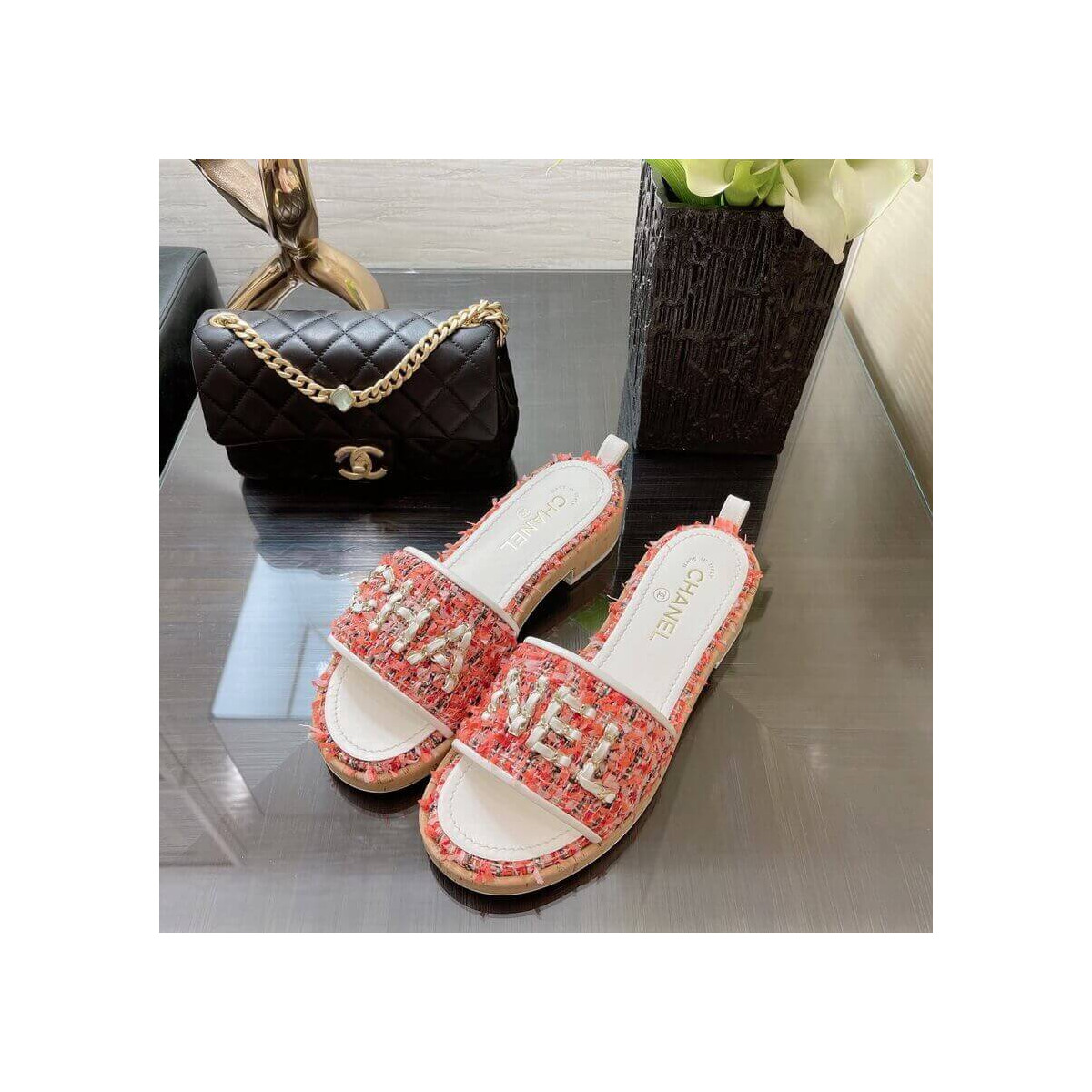 Chanel Tweed Gold Chain CC Logo Letter Cork Mules G34826