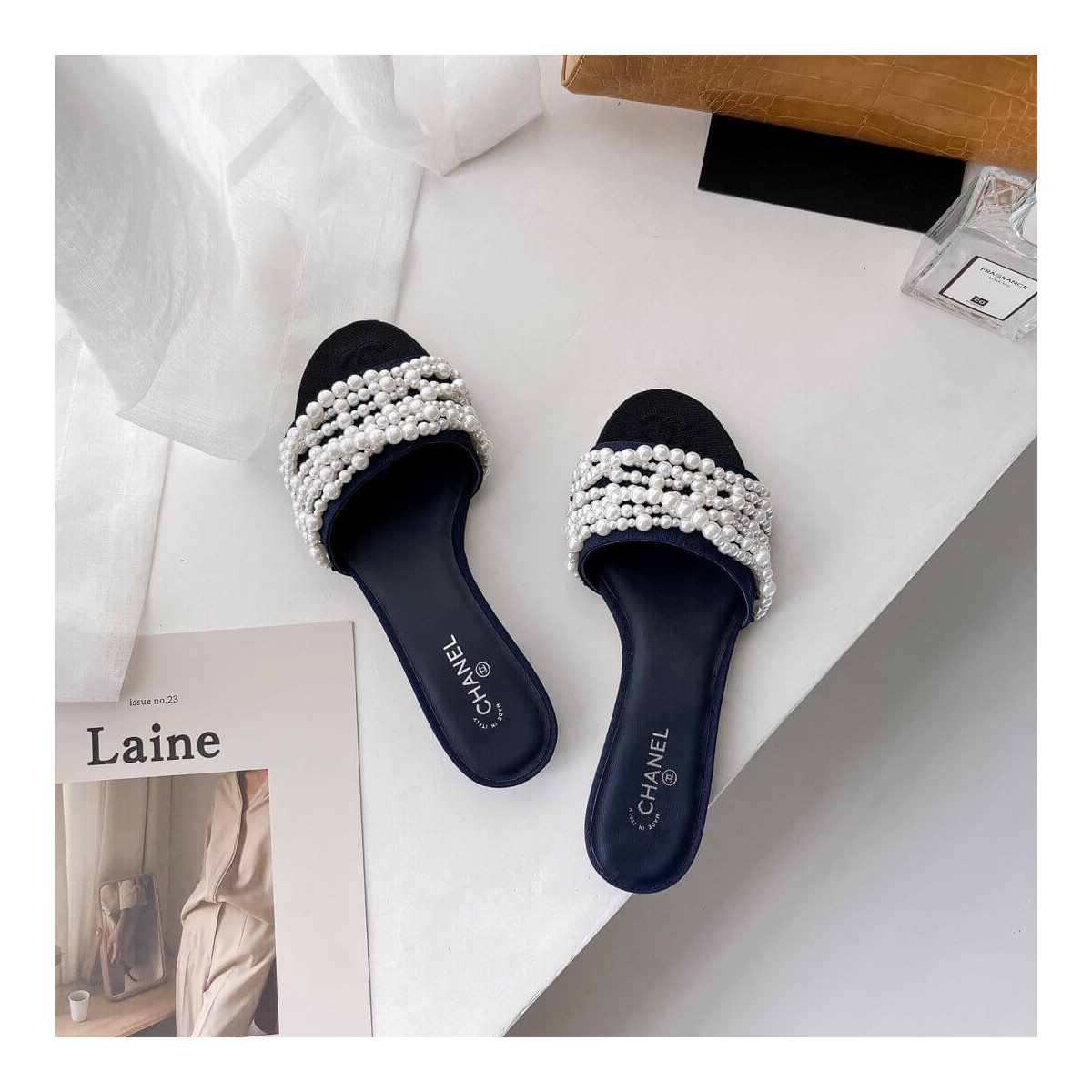 Chanel Satin CC Pearl Sandal Flats 36123