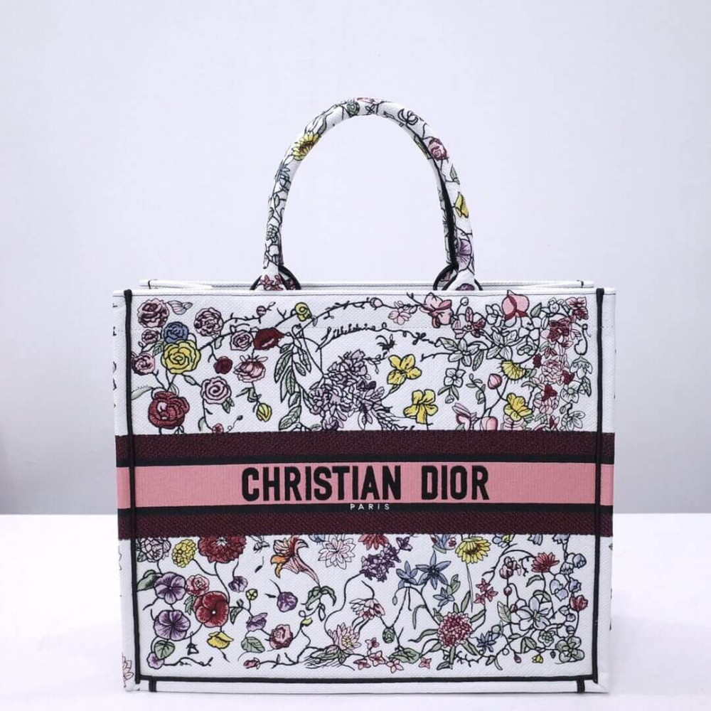 Christian Dior Book Tote White Multicolor Florilegio Embroidery