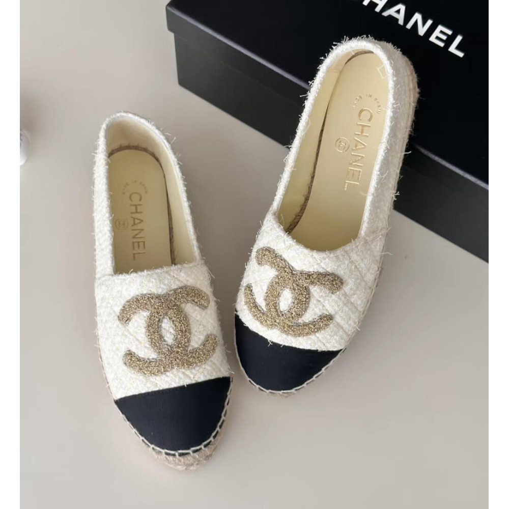 Chanel Cotton Tweed Logo Espadrille G39028 Light Yellow