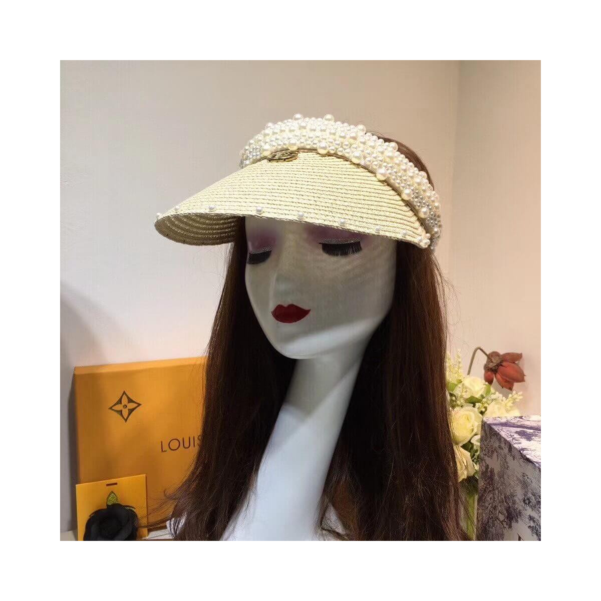 Gucci Straw Effect Brim Visor With Pearl 628545