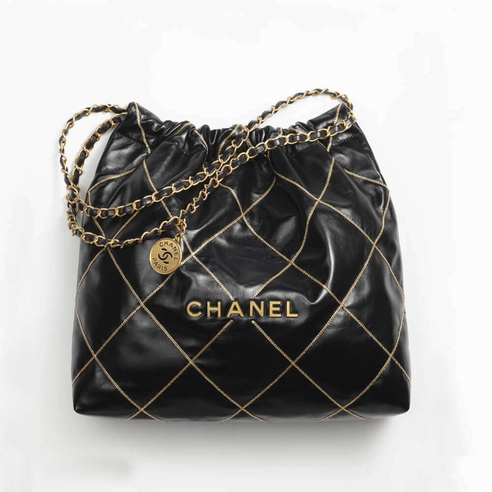 Chanel 22 Handbag Shiny Metallic Calfskin AS3260 Black/Gold