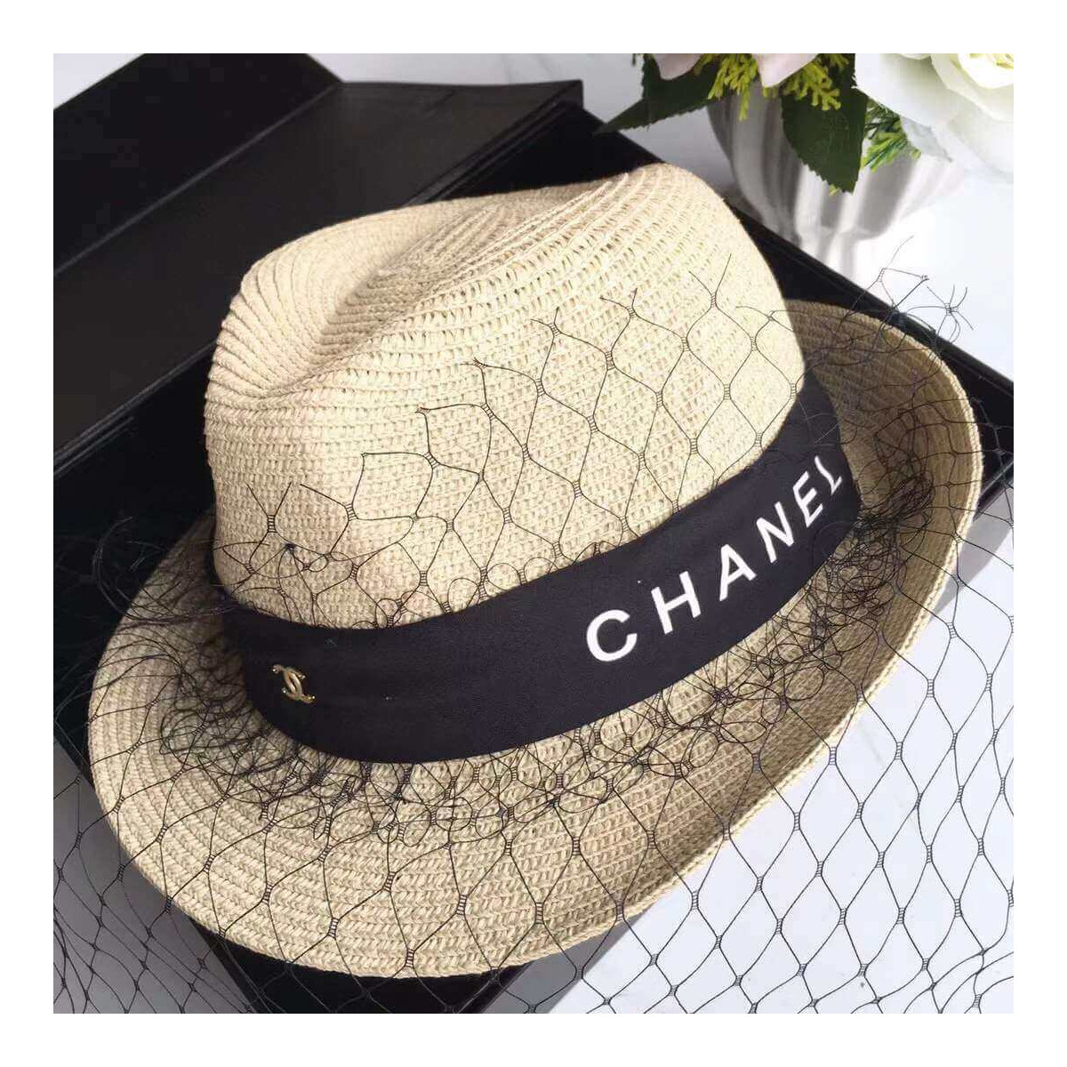 Chanel Straw Cc Fedora Hat With Mesh D010