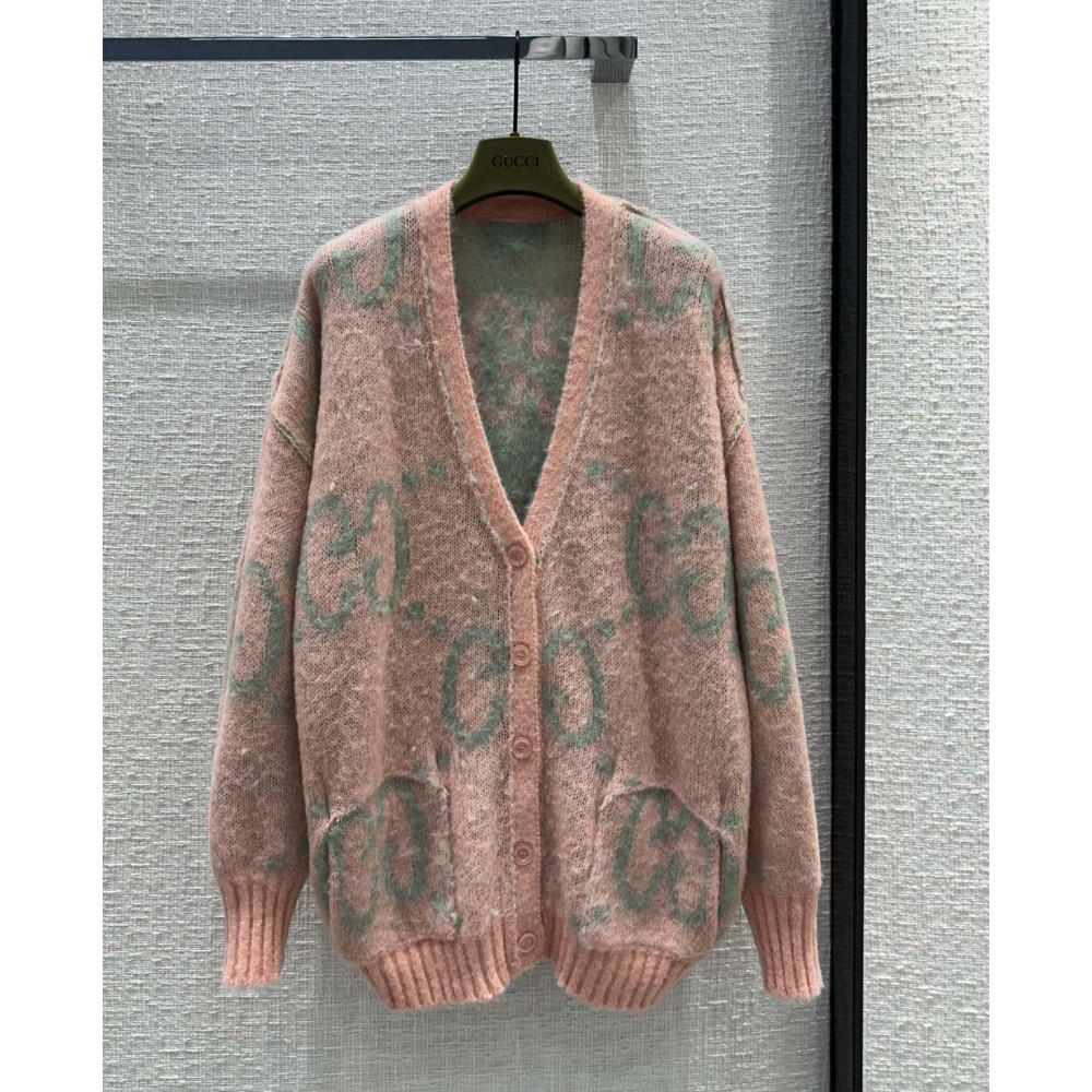 Gucci Reversible GG Mohair Wool Cardigan In Light Green &amp; Pink 635160