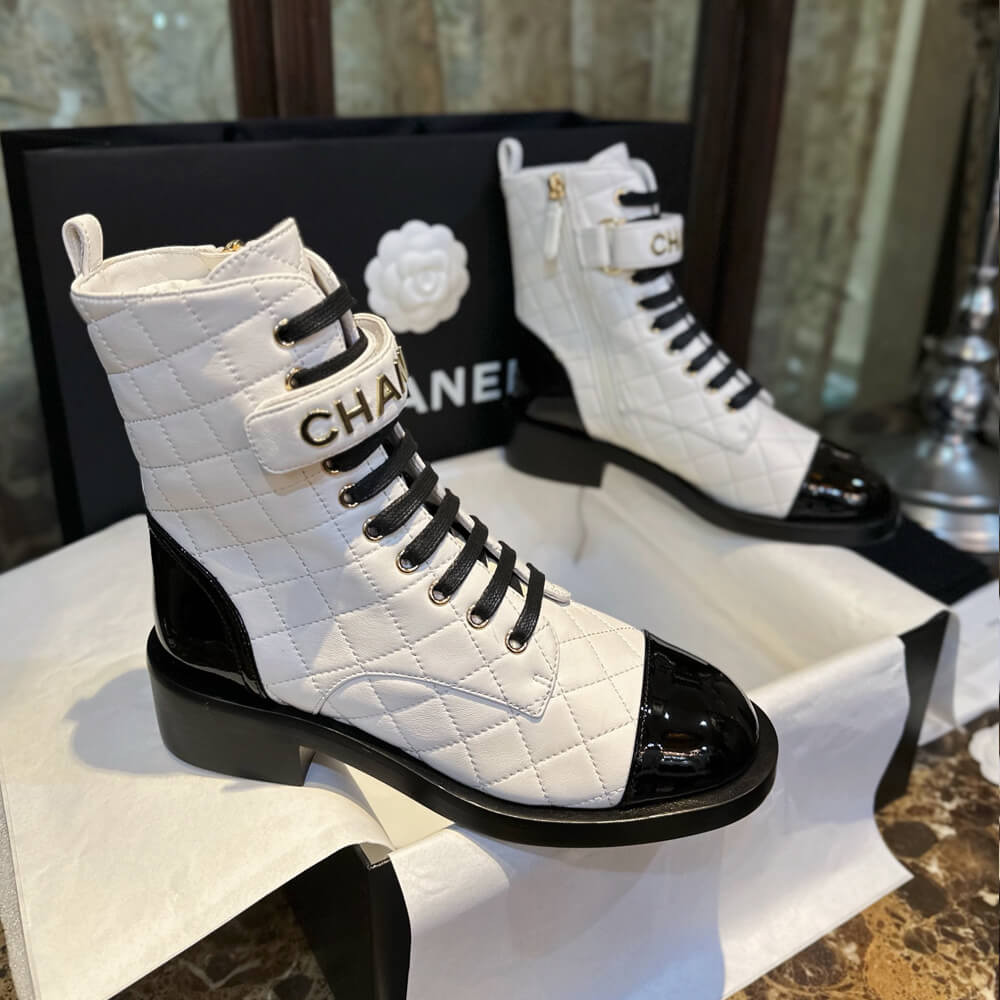 Chanel Quilted Lambskin &amp; Patent Calfskin Lace Up Combat Boots G45005