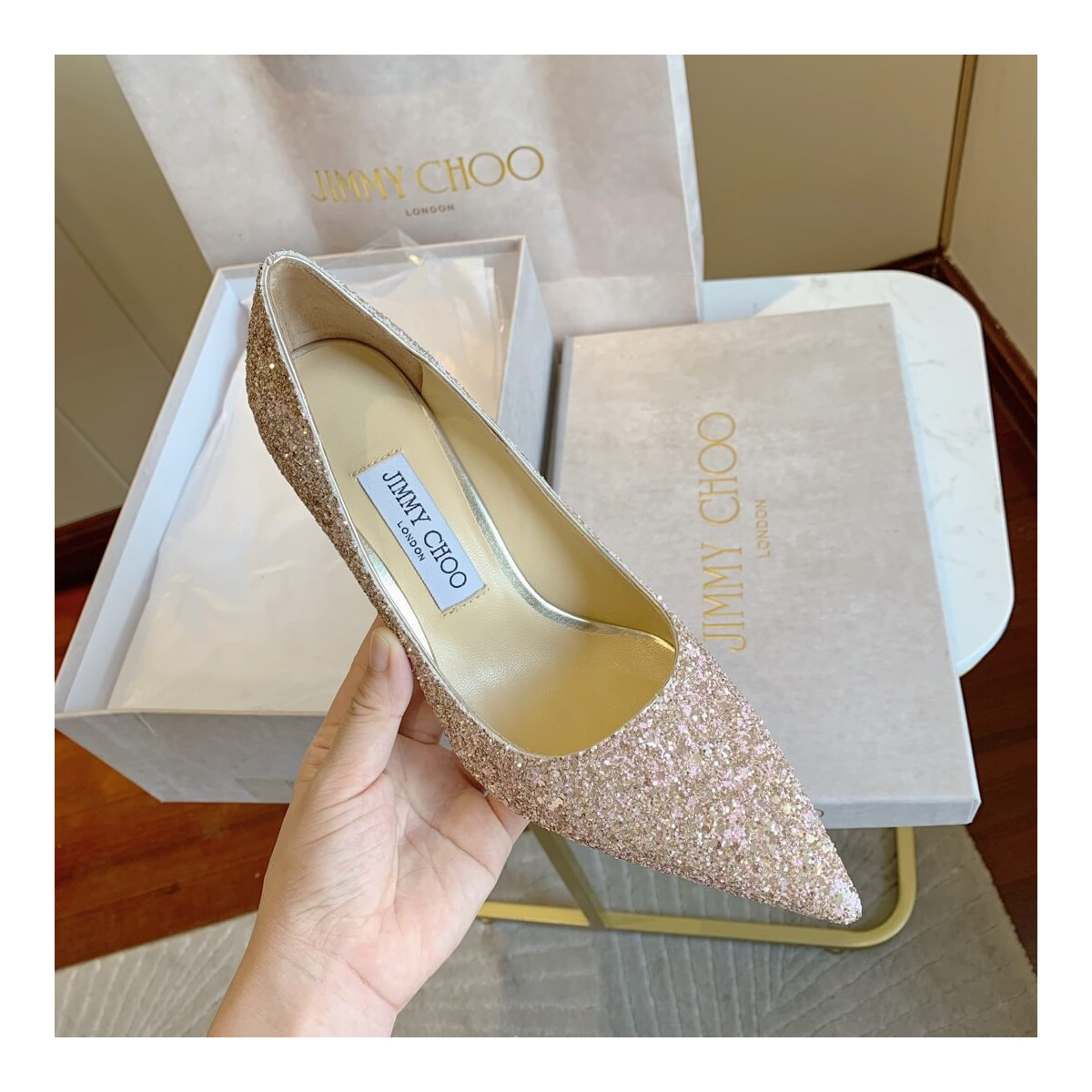 Jimmy Choo Pink Gold Romy Glitter Fabric Pointy Toe Pumps 120011