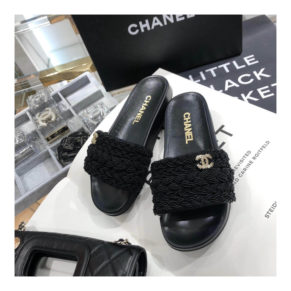 Chanel Pearls &amp; Lambskin Black Mules G35696