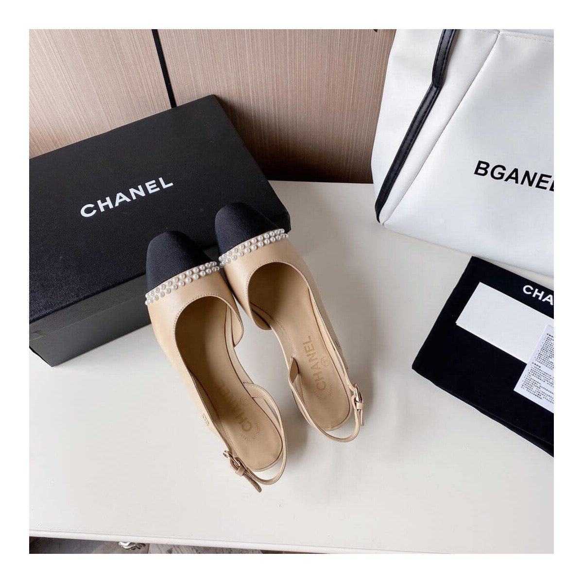 Chanel Pearl Embellished CC Cap Toe Flat Slingbacks 36125