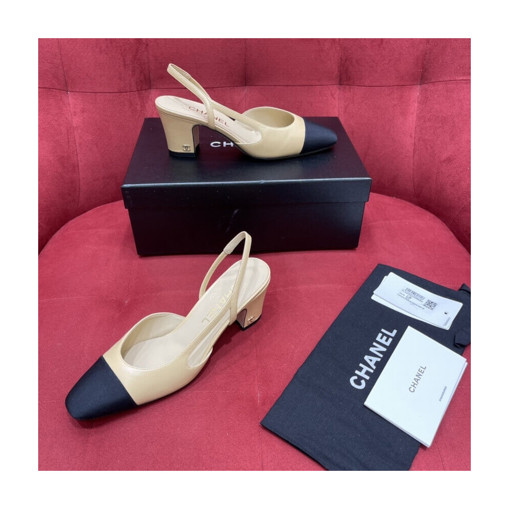 Chanel Goatskin &amp; Grosgrain Slingbacks Beige G31318