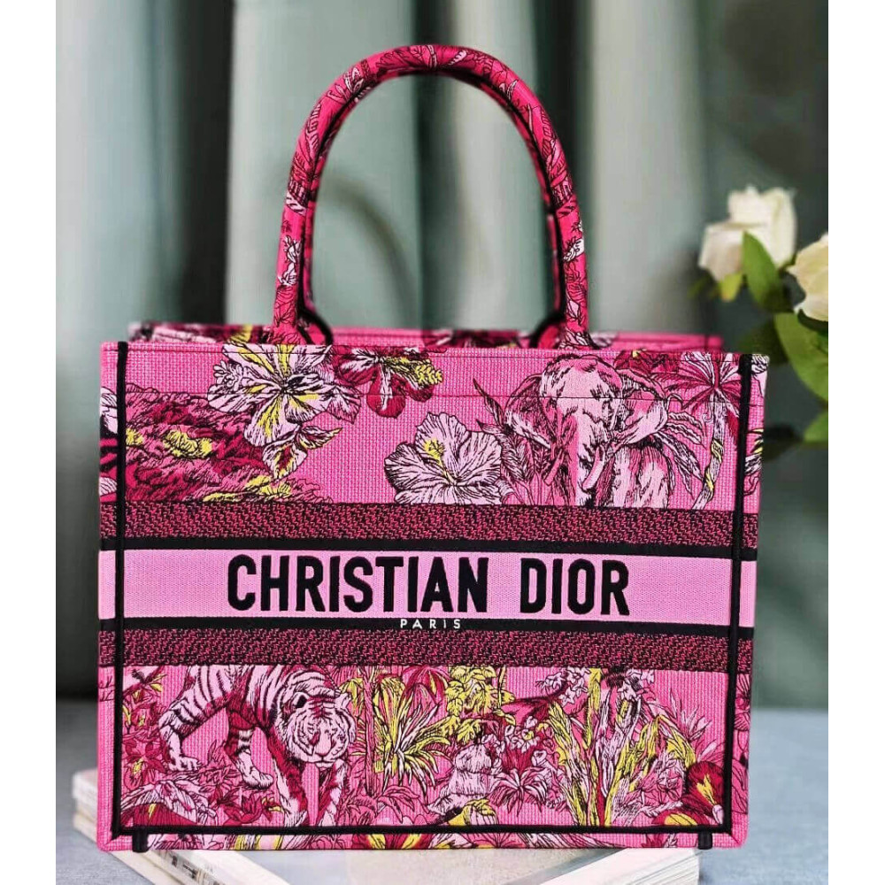 Christian Dior Book Tote Fuchsia Multicolor Toile De Jouy Voyage Embroidery