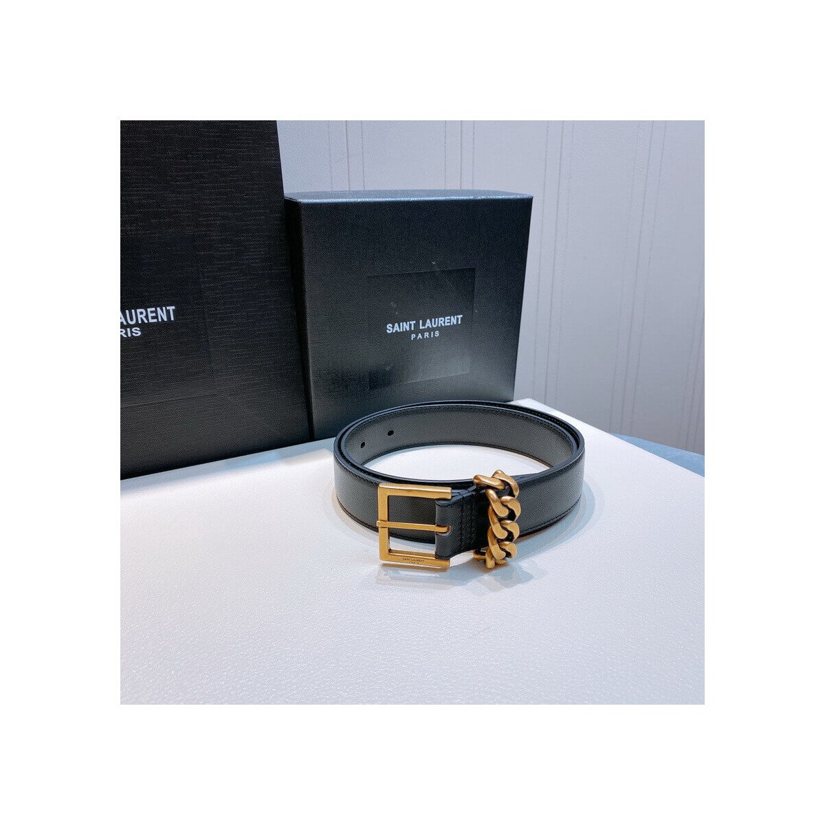 Saint Laurent Chain-Loop Narrow Belt With Square Buckle In Lacquered Python 640575