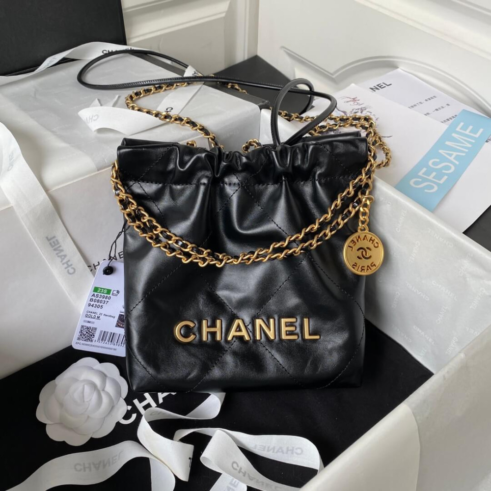 Chanel Mini 22 Handbag Shiny Calfskin &amp; Gold Metal AS3980 Black