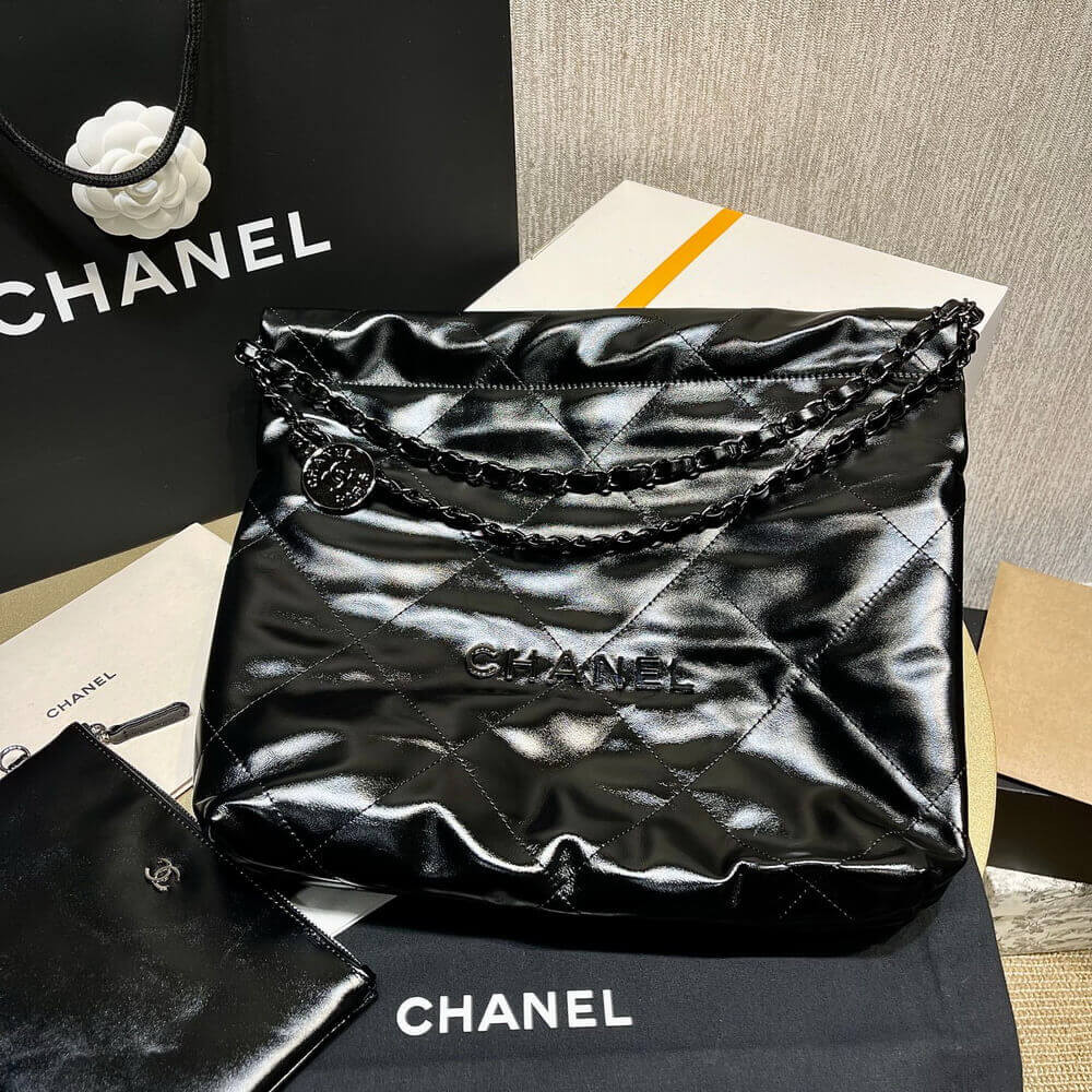 Chanel 22 Small Handbag Shiny Calfskin AS3260 Black with Black logo