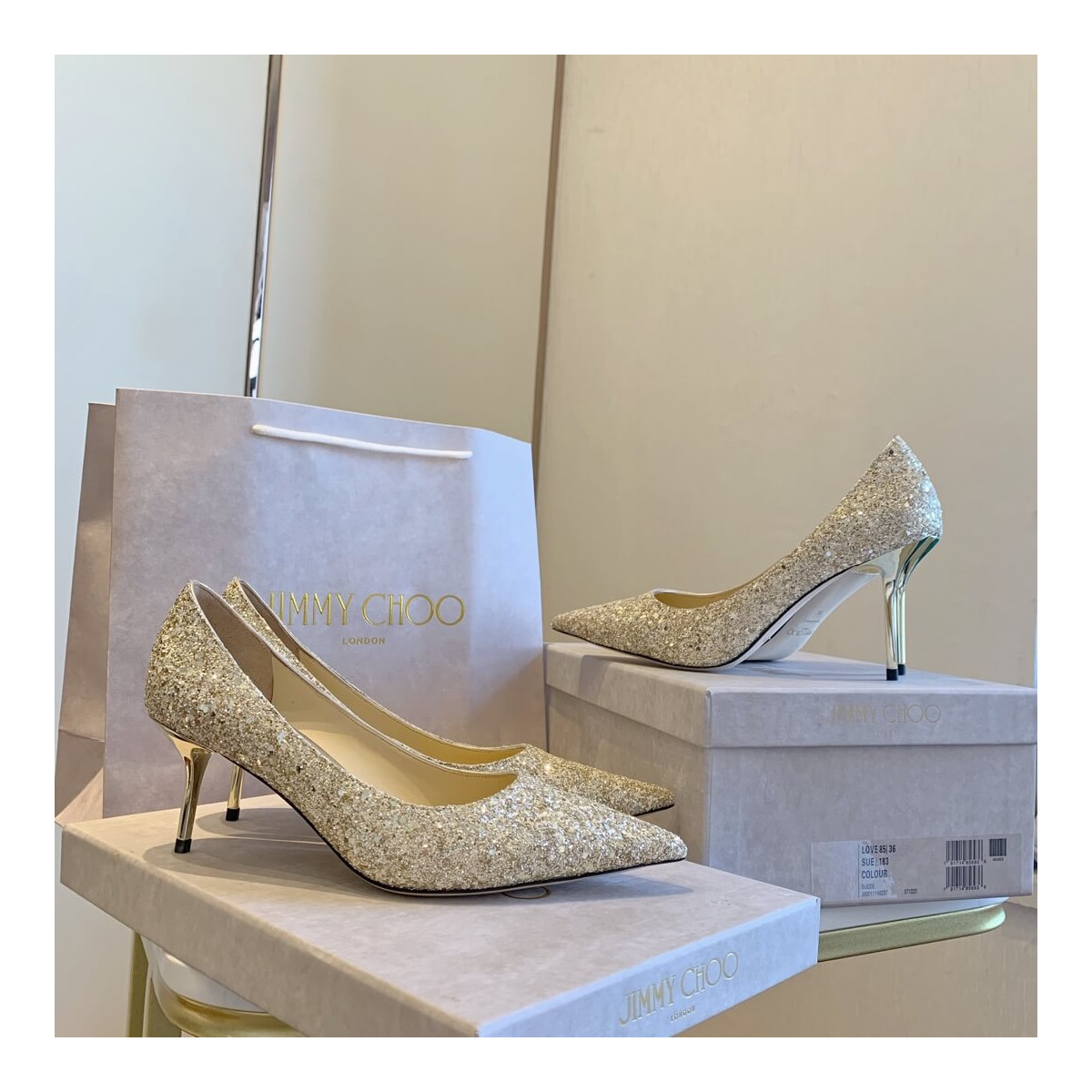 Jimmy Choo Gold Romy Glitter Fabric Pointy Toe Pumps 120011