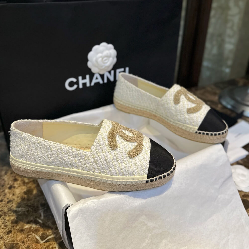 Chanel Cotton Tweed Logo Espadrille G39028 Light Yellow