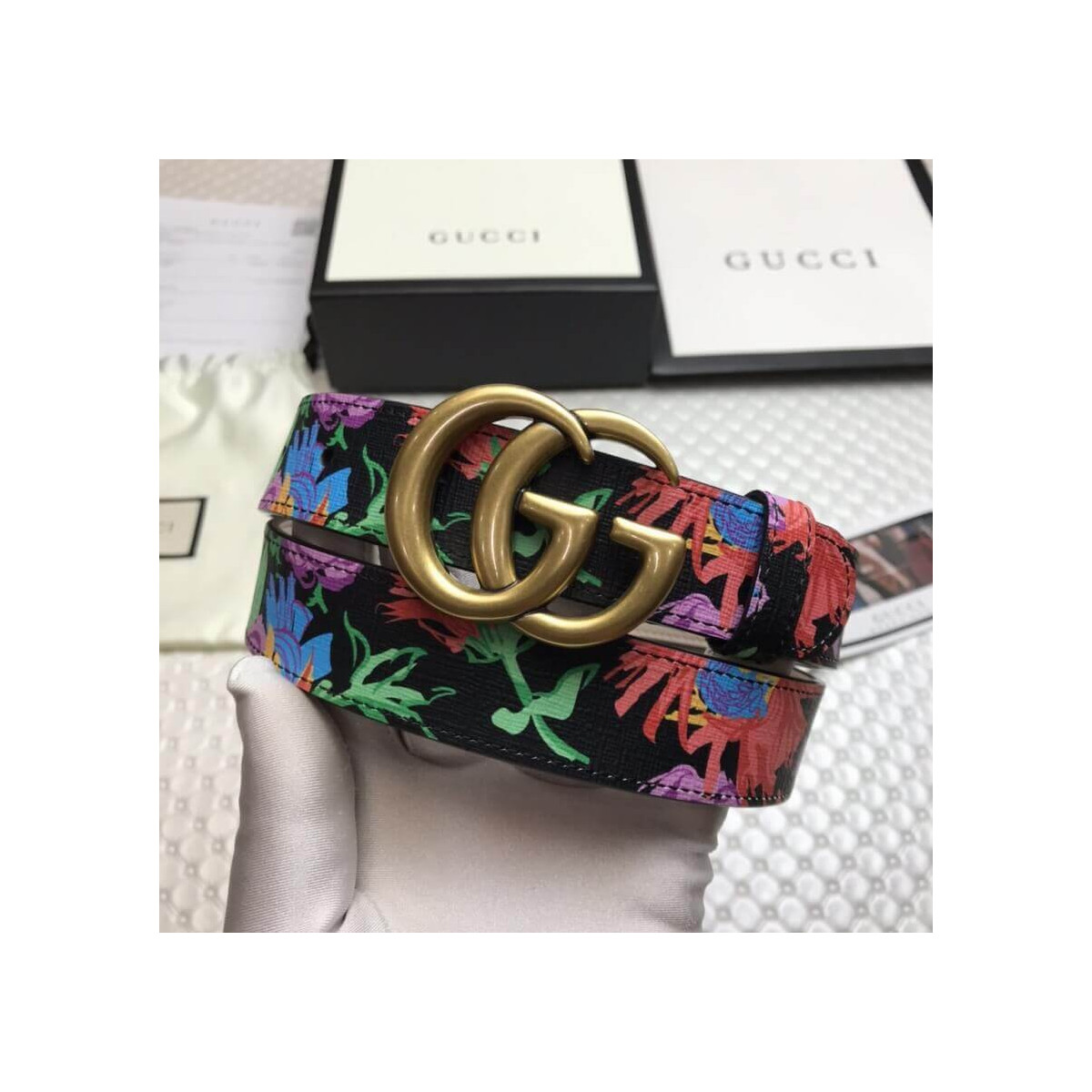 Gucci Ken Scott Print GG Marmont Belt Double G Buckle 4 Cm Width