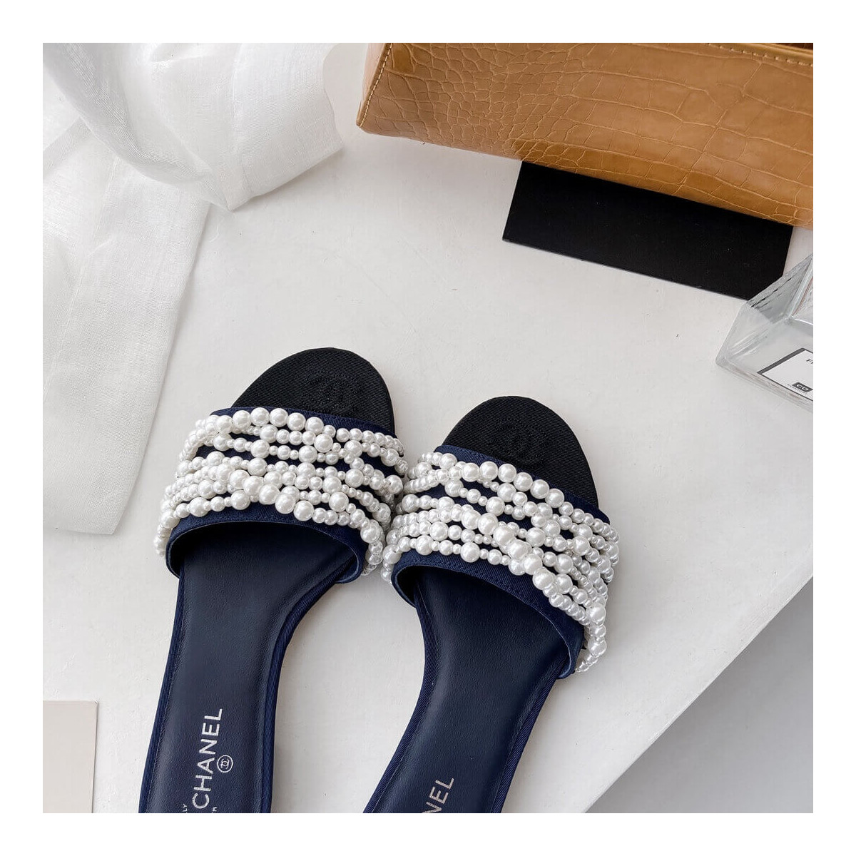 Chanel Satin CC Pearl Sandal Flats 36123