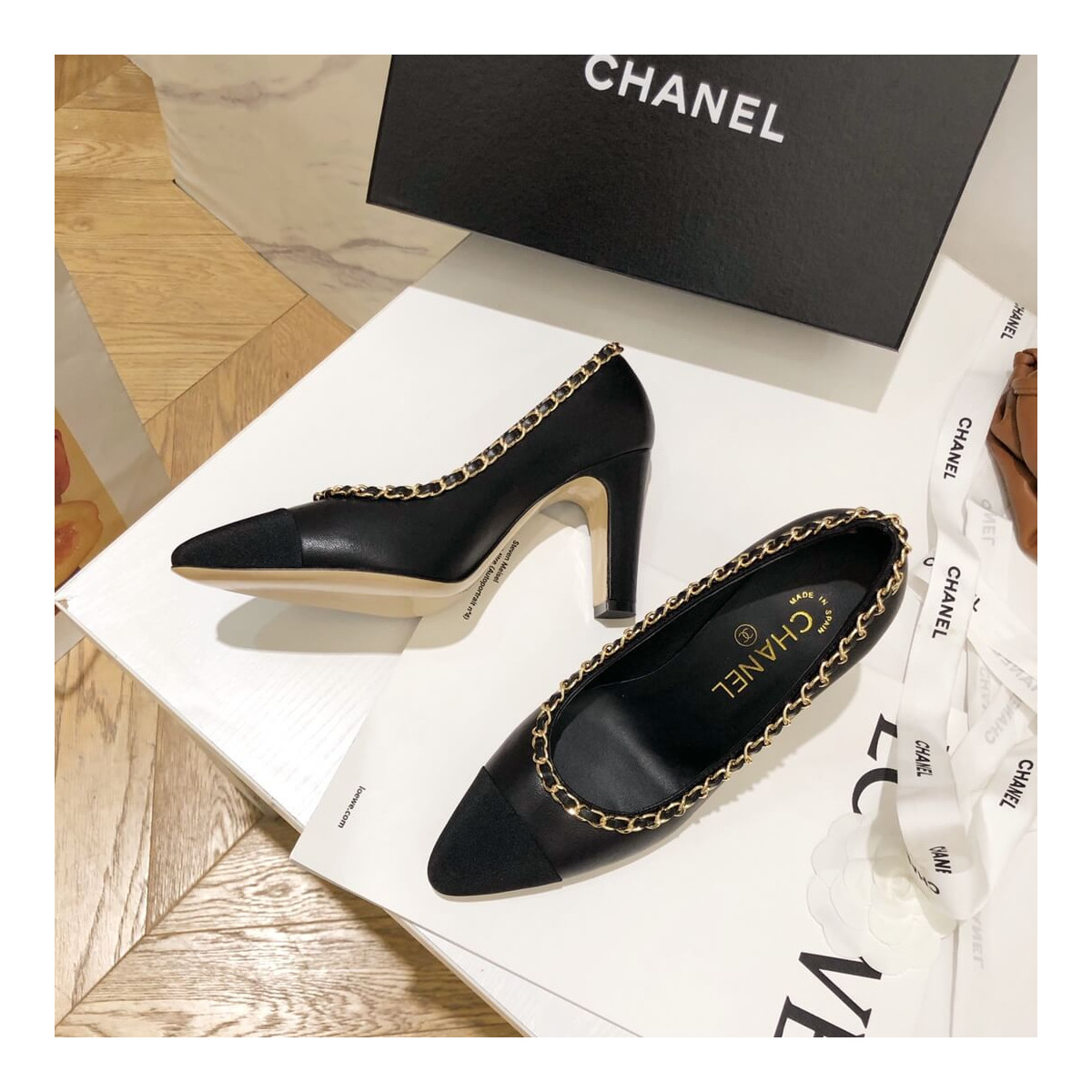 Chanel Grosgrain and Lambskin Chain 8.5cm Heel Ballerinas G35389