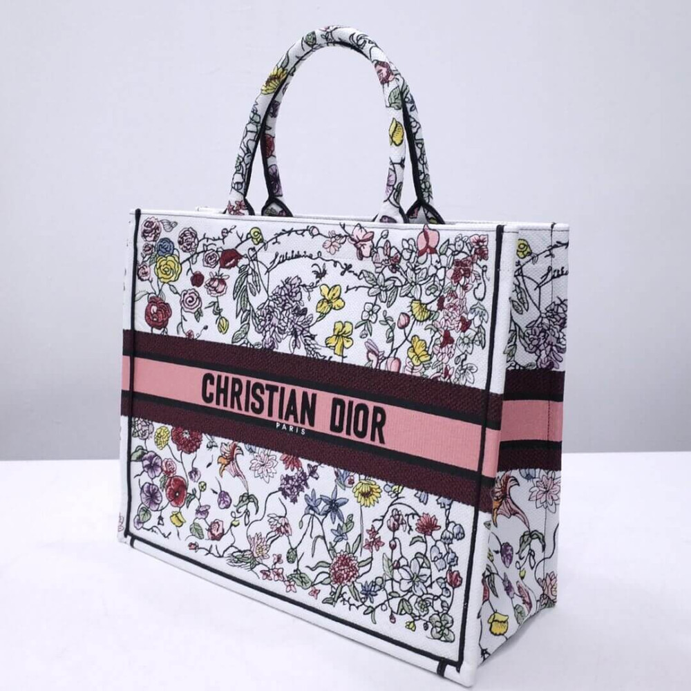 Christian Dior Book Tote White Multicolor Florilegio Embroidery