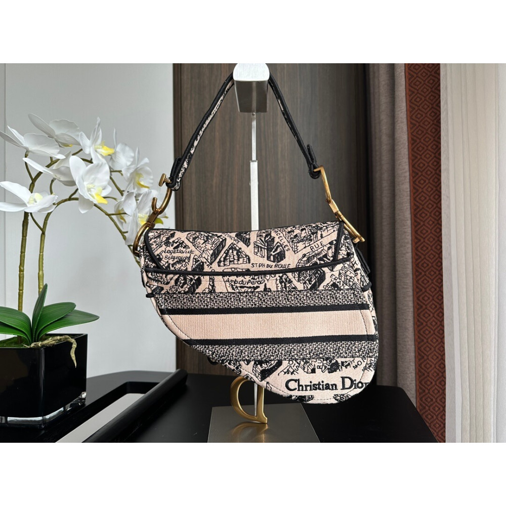 Dior Saddle Bag Beige and Black Plan de Paris Embroidery M0446